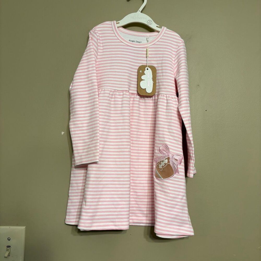 Angel Dear Long Sleeve Play Dress Pink White Embroidered Football Stripe NWT 4T